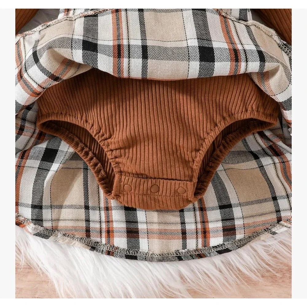 Baby Girls Rust Brown‎ Ribbed Top and Plaid Skirt Set 3-Piece Outfit 6-9 Months